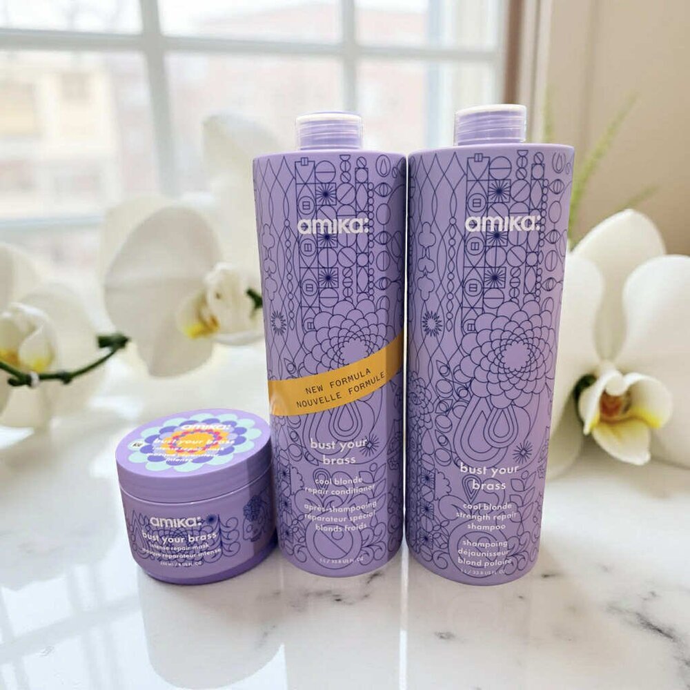 Amika Bust Cool Blonde Your Brass Strength Repair Shampoo Conditioner Mask Trio